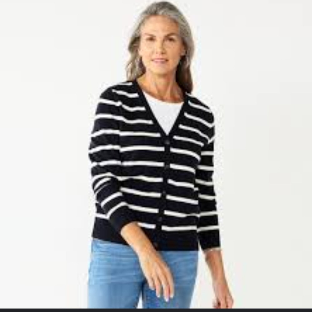 Navy White Striped Button Front Cardigan Sweater Womens Size Medium‎